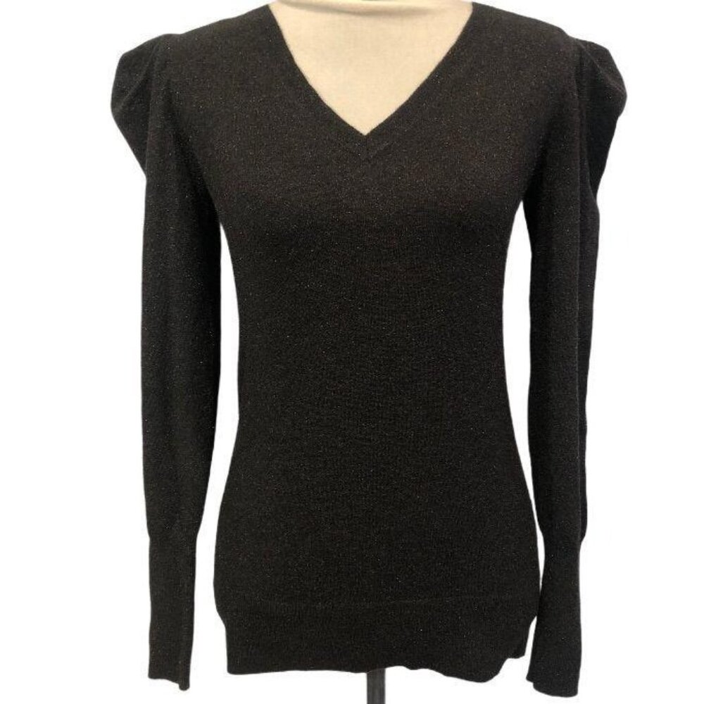 Prologue V Neck Puff Sweater Black Glitter XS